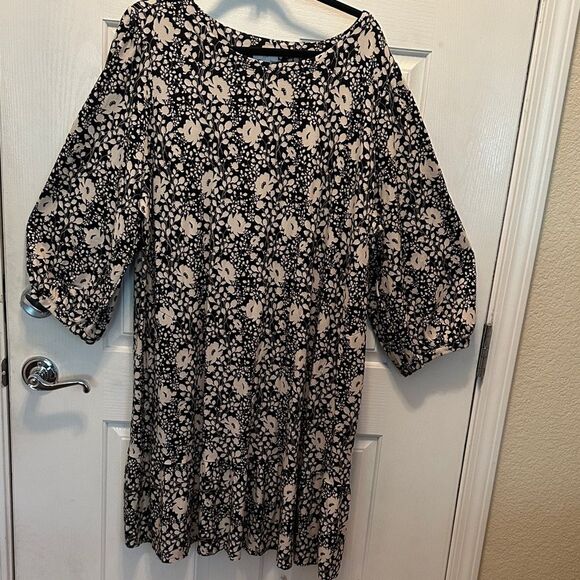 J. Jill Dresses & Skirts - J. Jill Black and Cream Knit Floral Dress 3/4 Puff Sleeves Boxy Comfort Size 3X